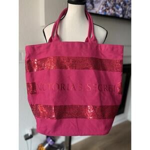 Victoria Secret Extra Large Beach Hot Pink Sequin Town Tote Bag Overnight